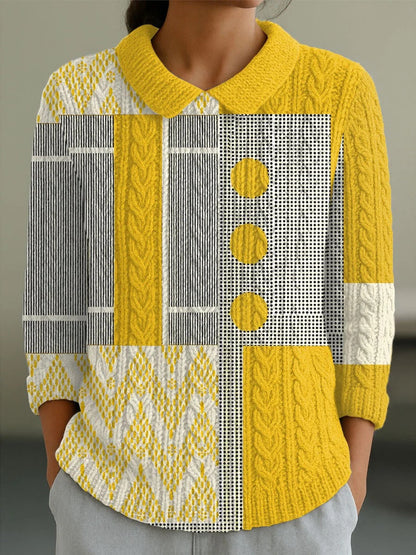 Vintage Abstract Geometric Art Print Casual Peter Pan Collar 3/4-Sleeve Sweater