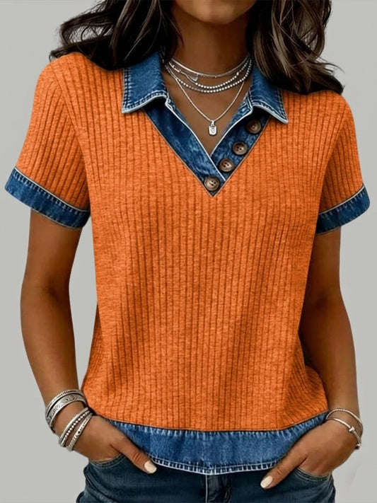 Casual Patchwork Denim Short-Sleeved Knit Top