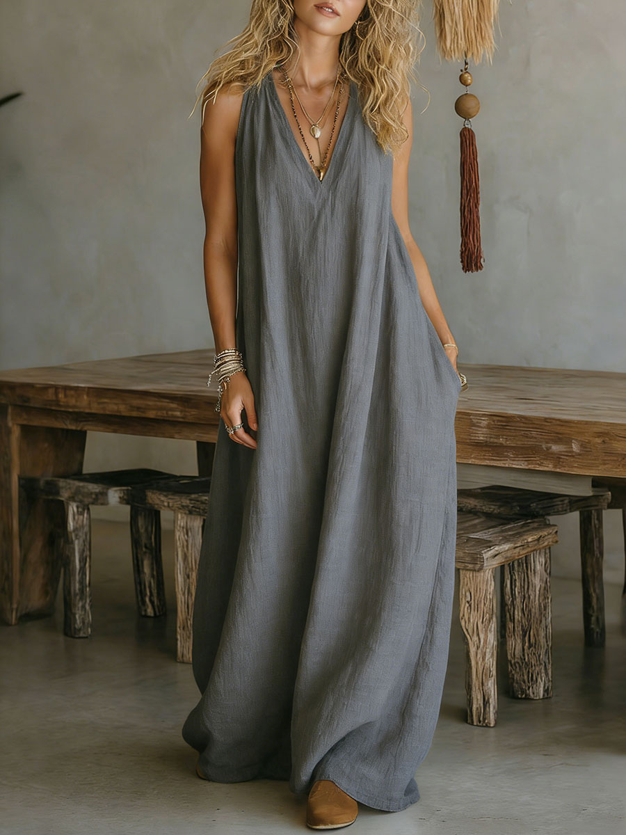 Casual Sleeveless Loose Pocket Vest Long Dress