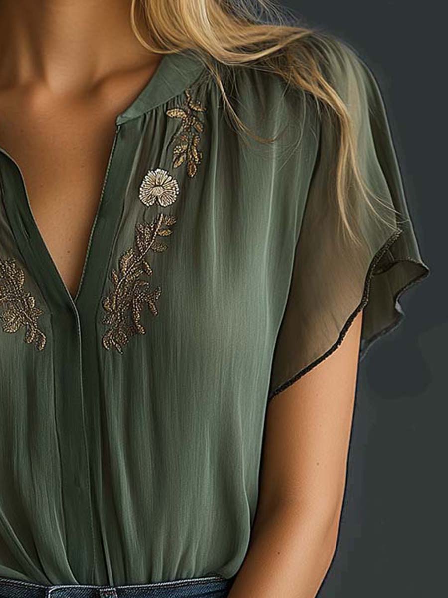Vintage Embroidered Chiffon Short-Sleeve Shirt