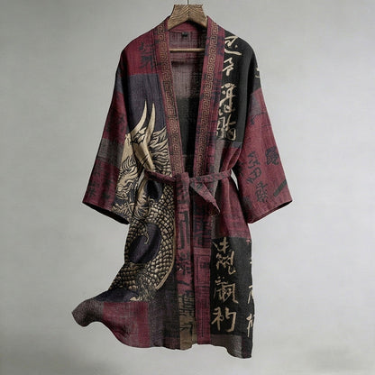 Japanese Calligraphy and Dragon Art Combined in a Linen Blend Kimono