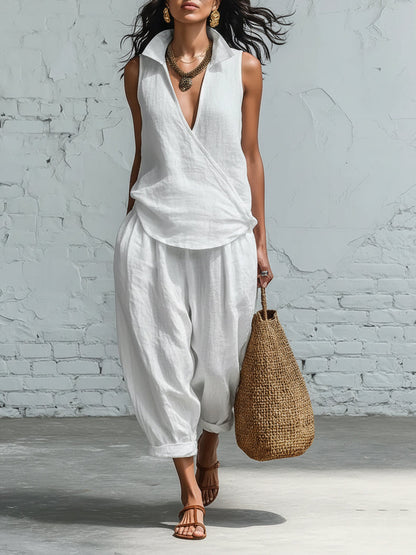 Minimalist Collared Shirt and Wide-Leg Pant Linen Two-Piece Set