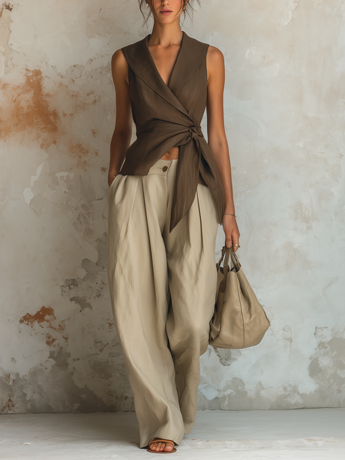Linen-Blend Wrap Vest and High-Waist Wide-Leg Pants Set