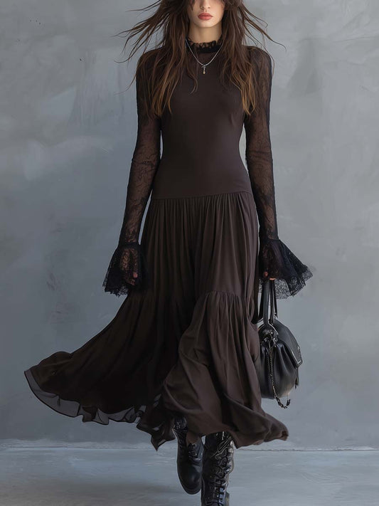 Vintage-Style Lace-Sleeved Sheer Hem Flared Cuffs Midi Dress