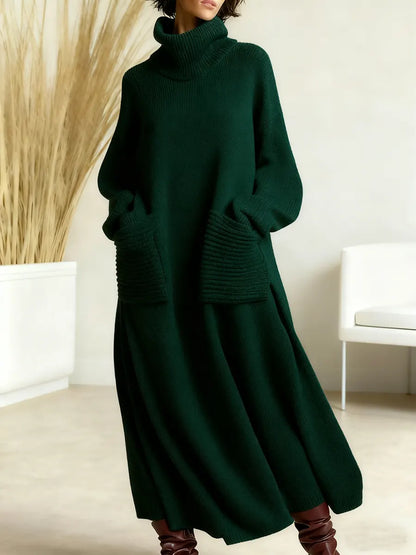 Solid Color High-Neck Long-Sleeve Casual Loose Knit Dress
