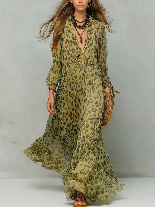 Retro Leopard Pattern Art Print Casual Stylish Maxi Dress