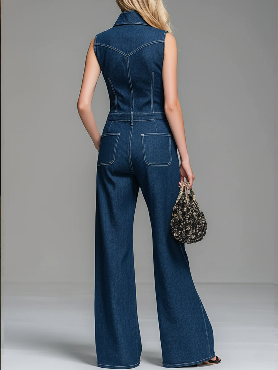 Casual 100% Cotton Zip-Up Denim Jumpsuit