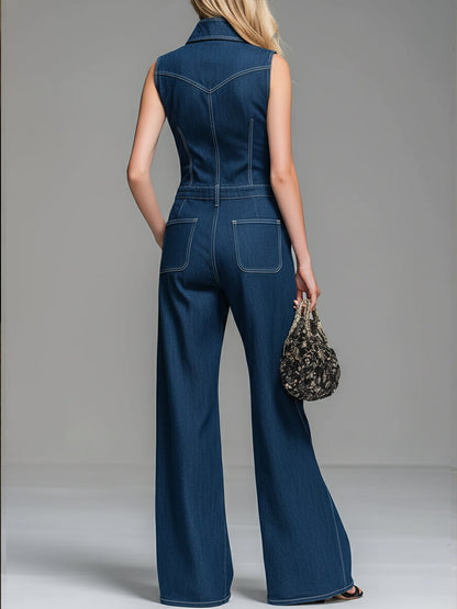 Casual 100% Cotton Zip-Up Denim Jumpsuit