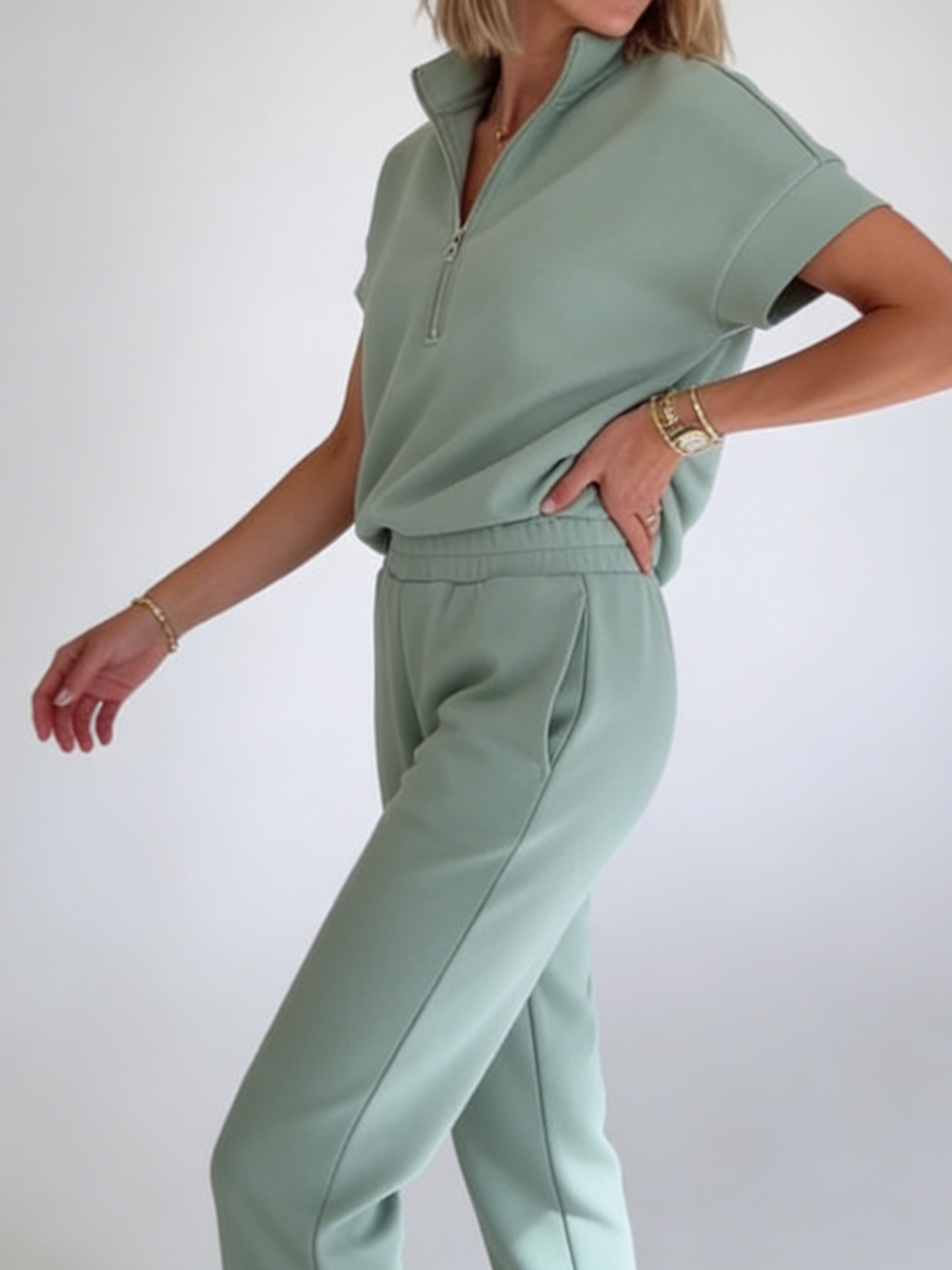 Cozy Travel Stand-Collar Zip Sweatshirt and Pants Two-Piece Set