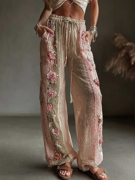 Retro Floral Art Casual Linen Pants