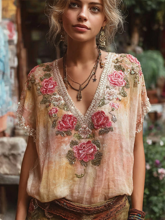 Boho Sunset Floral Embroidery Linen V-Neck Shirt