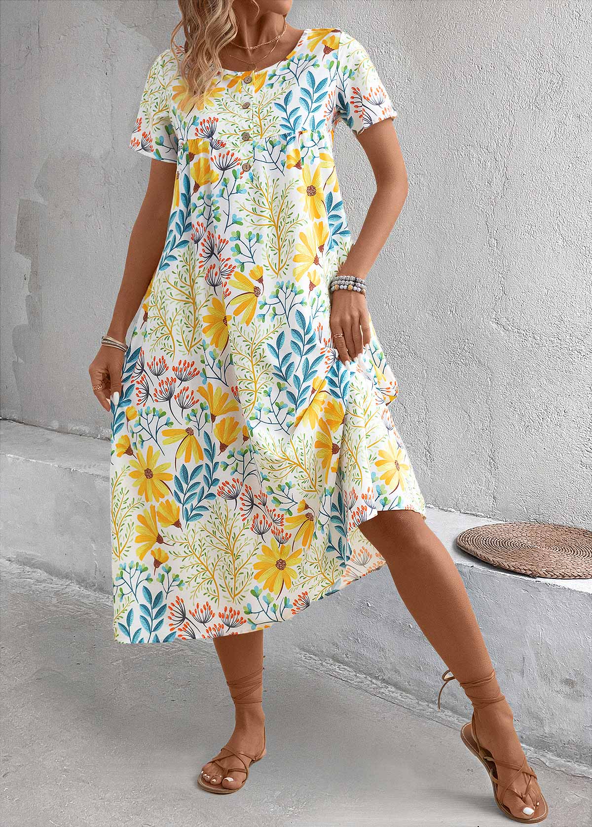 Yellow Pocket Floral Print a Line Short-Sleeve Dress