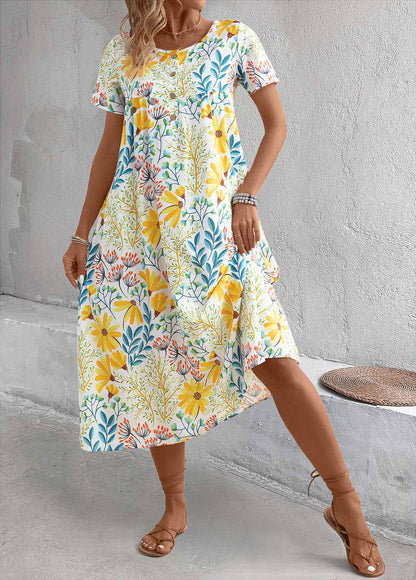 Yellow Pocket Floral Print a Line Short-Sleeve Dress