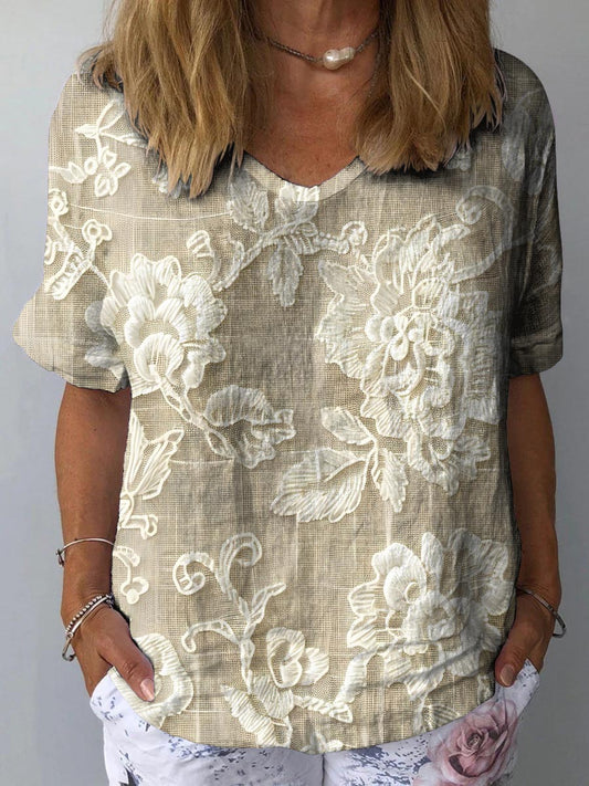 Vintage Lovely Floral Art Print Casual Cotton and Linen Shirt