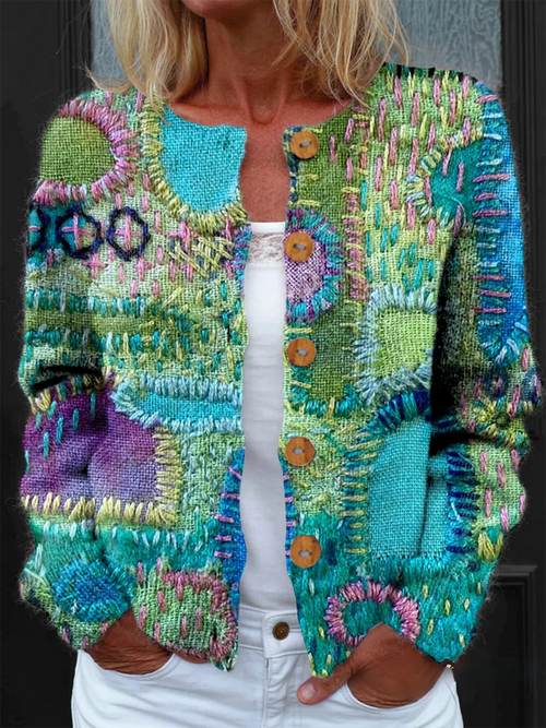 Women Knitted Geometric Long-Sleeve Comfy Vintage Cardigan