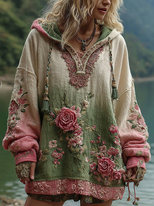 Love and Health Collection Vintage Rose and Floral Art Linen Long-Sleeve Hoodie