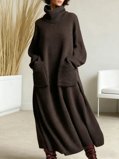 Solid Color High-Neck Long-Sleeve Casual Loose Knit Dress