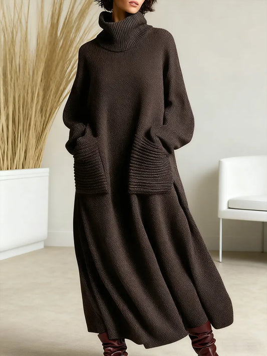 Solid Color High-Neck Long-Sleeve Casual Loose Knit Dress