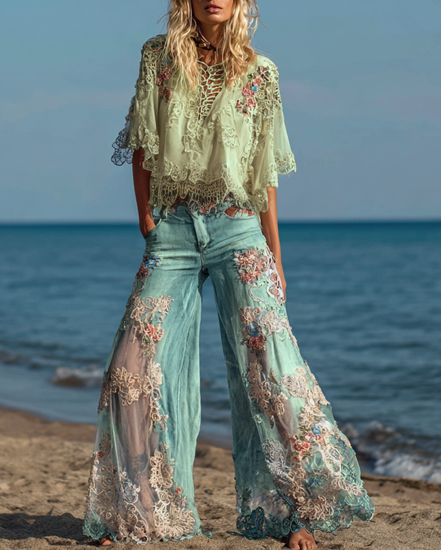 Summer Vacation Floral Embroidered Lace Pants and Top Two-Piece Set Ae54