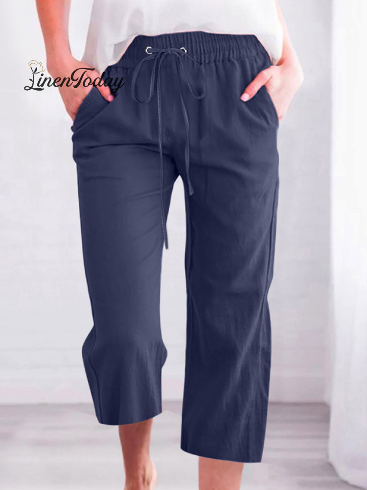 Casual Summer Linen Pants High-Waisted Loose Yoga Sweatpants Crop Pants with Pockets