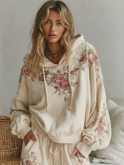 Rose Embroidery Art Cozy Hooded Sweatshirt