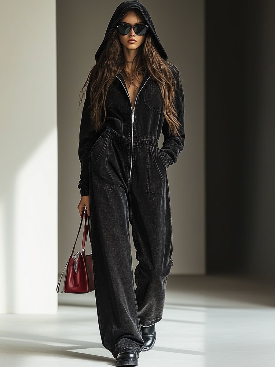 [24-Hour Shipping Out]casual Loose Vintage Denim Elastic Waist Zipper Hooded Jumpsuit