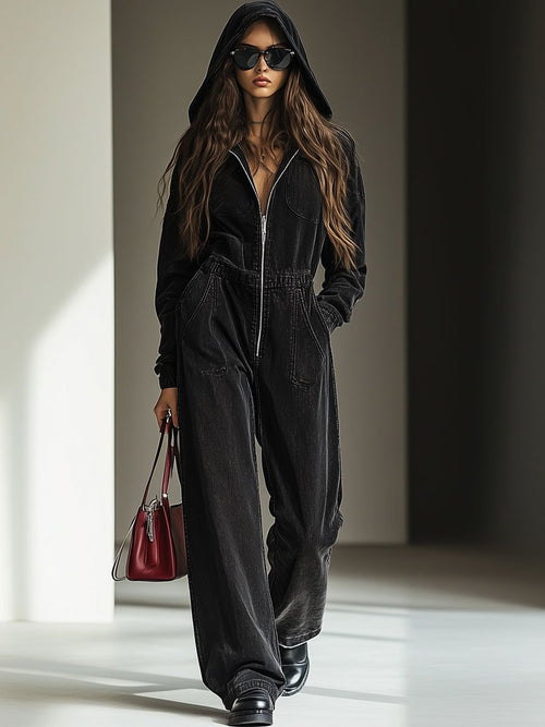 [24-Hour Shipping Out]casual Loose Vintage Denim Elastic Waist Zipper Hooded Jumpsuit