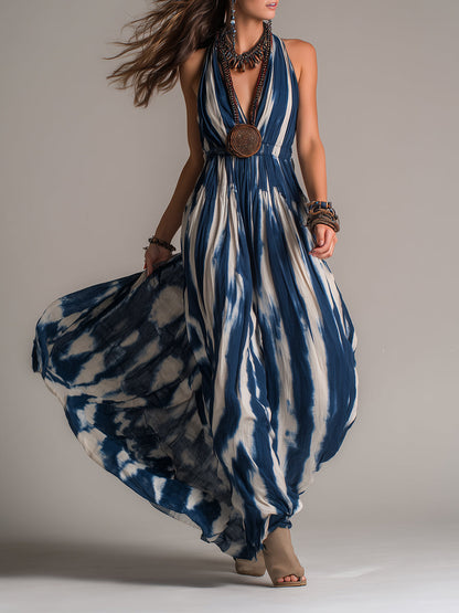 Vintage Tie-Dye Print Sleeveless Maxi Dress