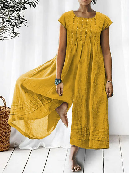Solid Color Art Casual Short-Sleeve Cotton Linen Jumpsuit