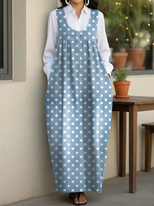 Cute Polka Dots Casual Loose Denim Vest Dress