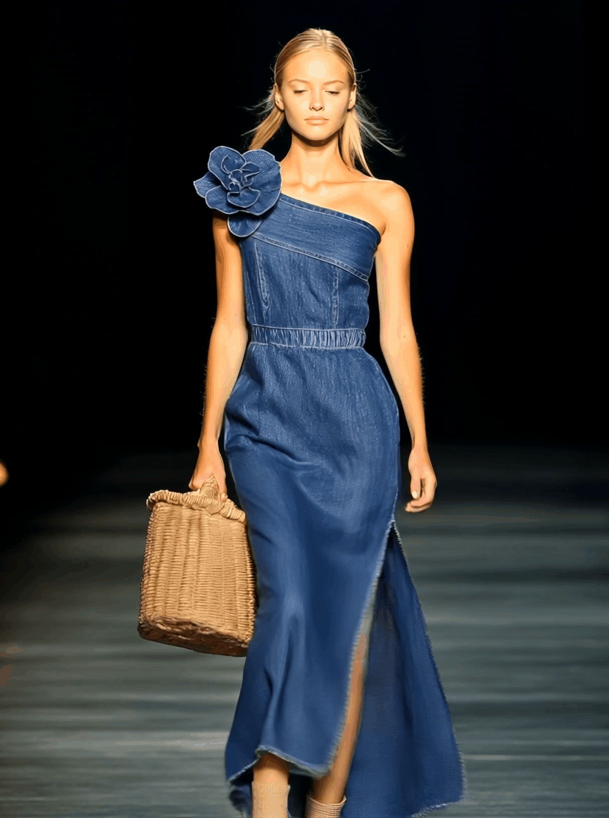 [24-Hour Shipping Out]elegant Strapless Denim 3D Floral Maxi Dress