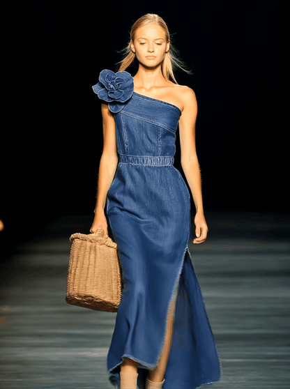 [24-Hour Shipping Out]elegant Strapless Denim 3D Floral Maxi Dress