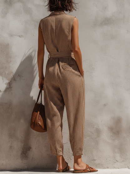 Striped Linen-Blend Sleeveless Wrap Jumpsuit with Waist Tie