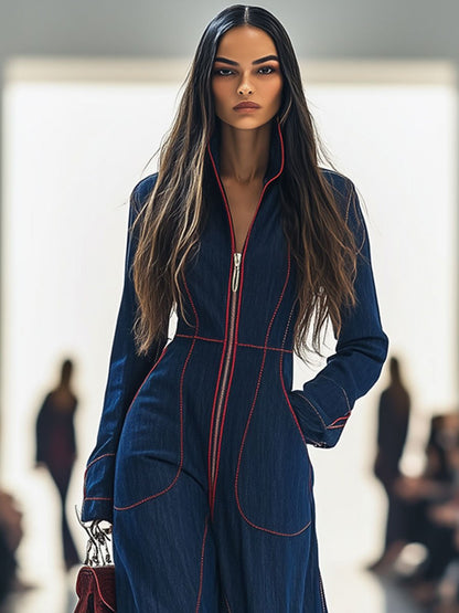 Casual Loose Retro Red Topstitched Denim Wide-Leg Long-Sleeve Jumpsuit