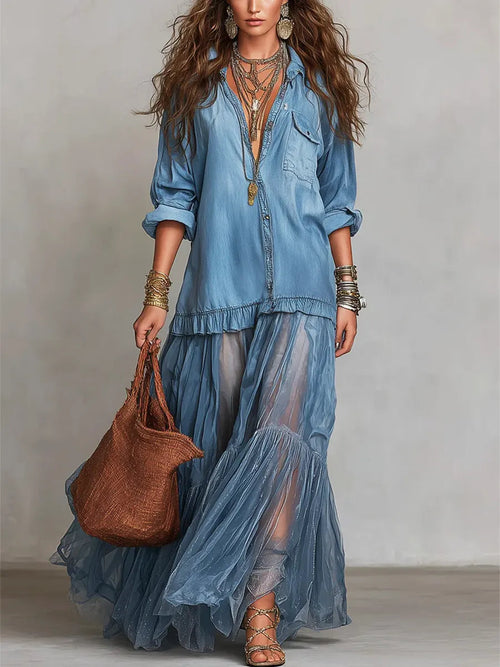 Retro Lapel Denim Organza Patchwork Art Casual Maxi Dress