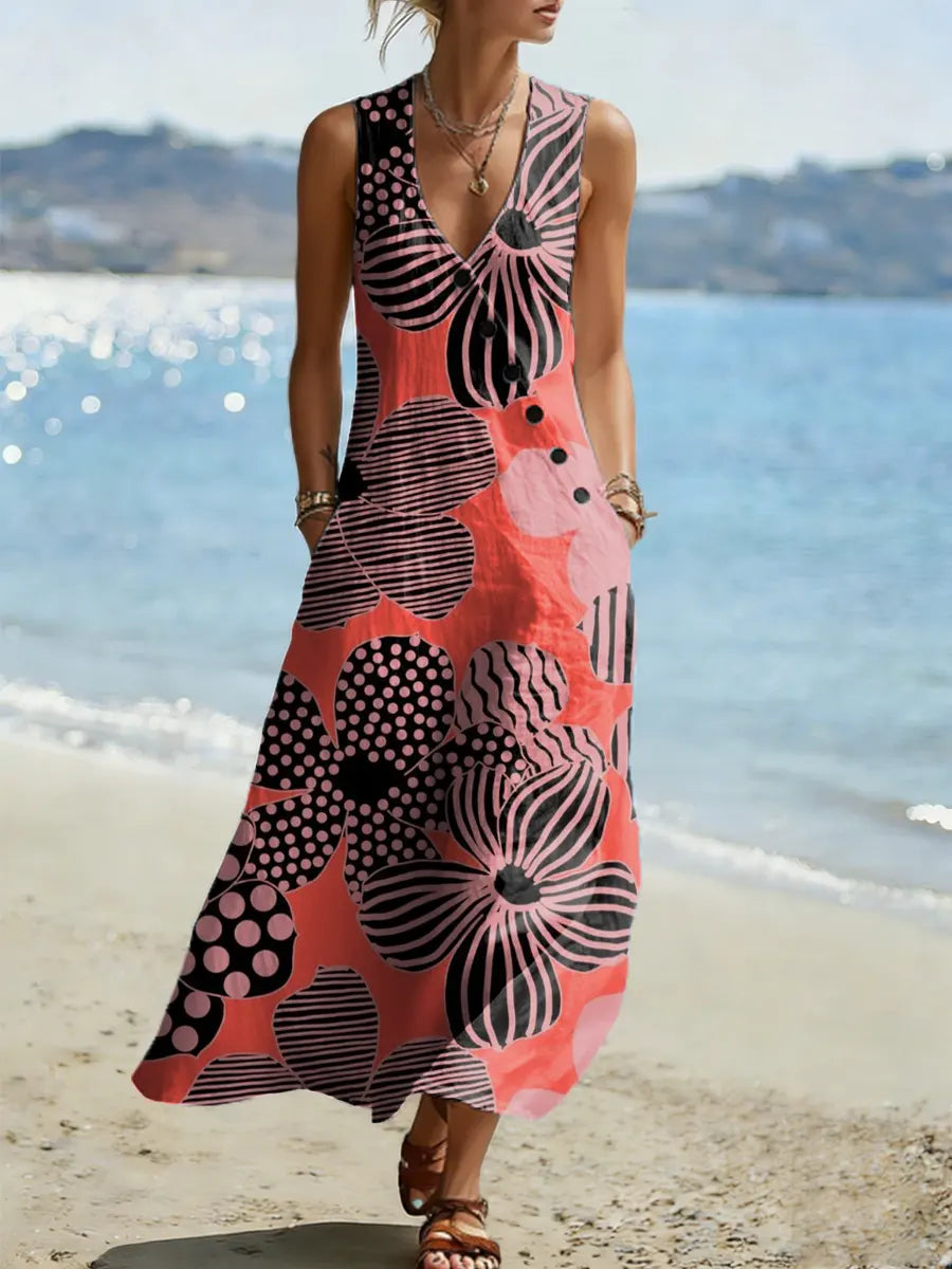 Floral Pattern Art Print Casual Cotton Linen Dress