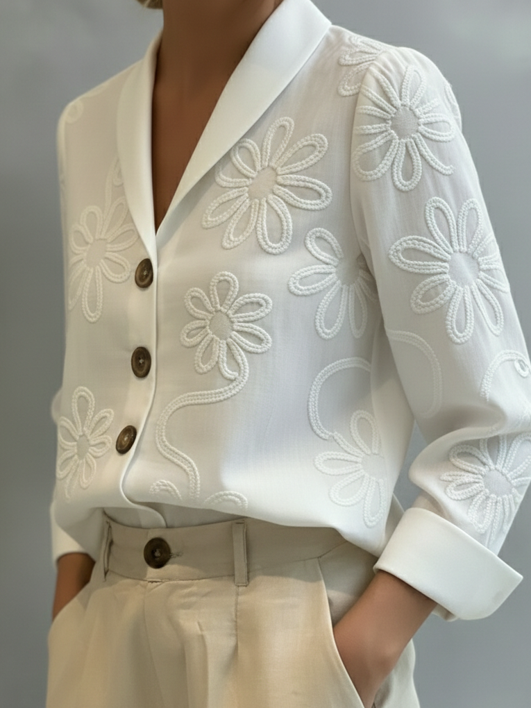 Vintage Floral Embroidered Shawl Collar Blouse