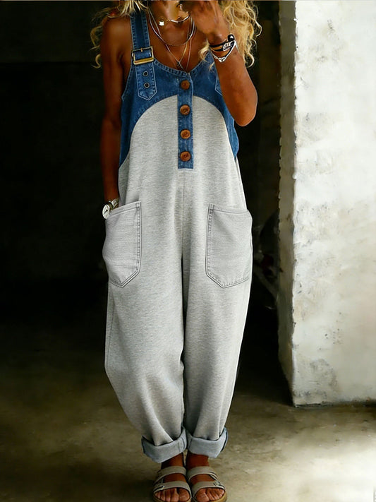 Casual One Piece Denim Denim Patchwork Jumpsuit