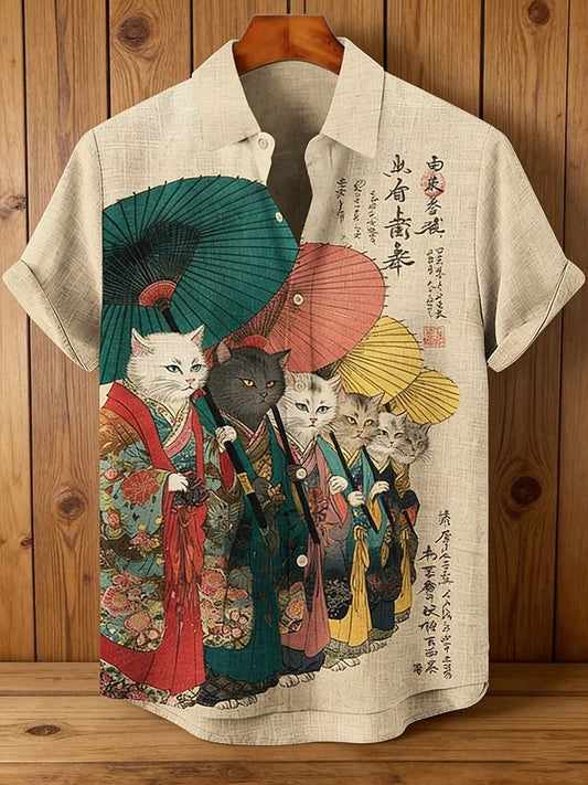 Men's Funny Cat Calligraphy Japanese Art Print Short-Sleeve Shirt