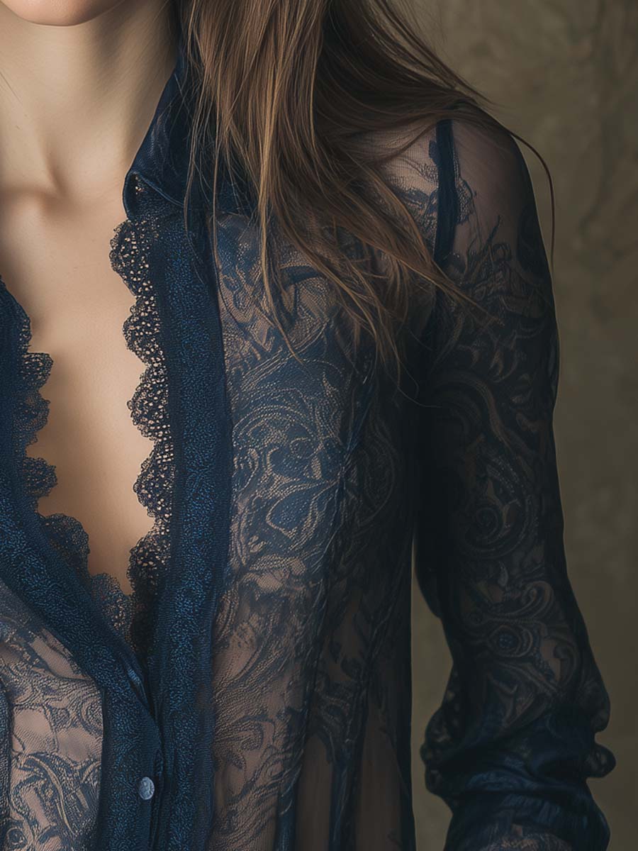 Romantic Paisley Print Lace Trim Sheer Shirt