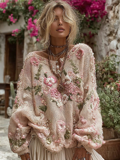 Boho Floral Chunky Knit Crew Neck Sweater