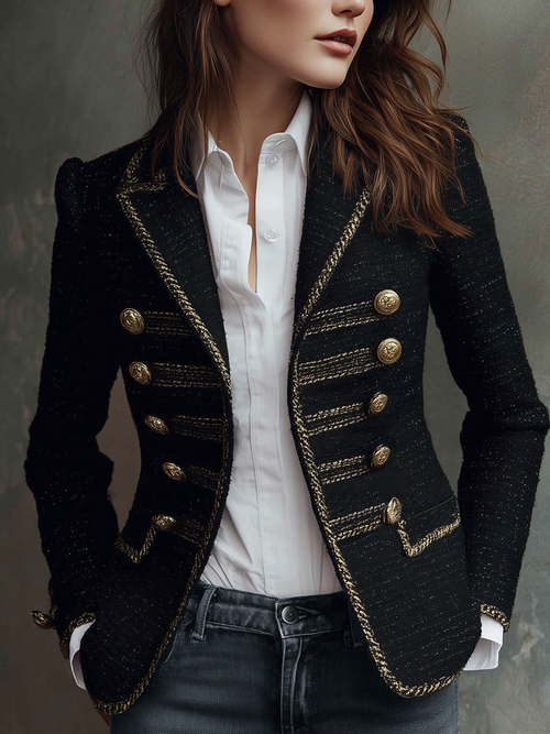 Chanel Style Metal Button Tweed Blazer
