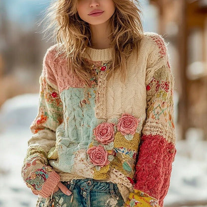 Vintage Chunky Needle Rose Floral Stitching Warm Crew Neck Sweater