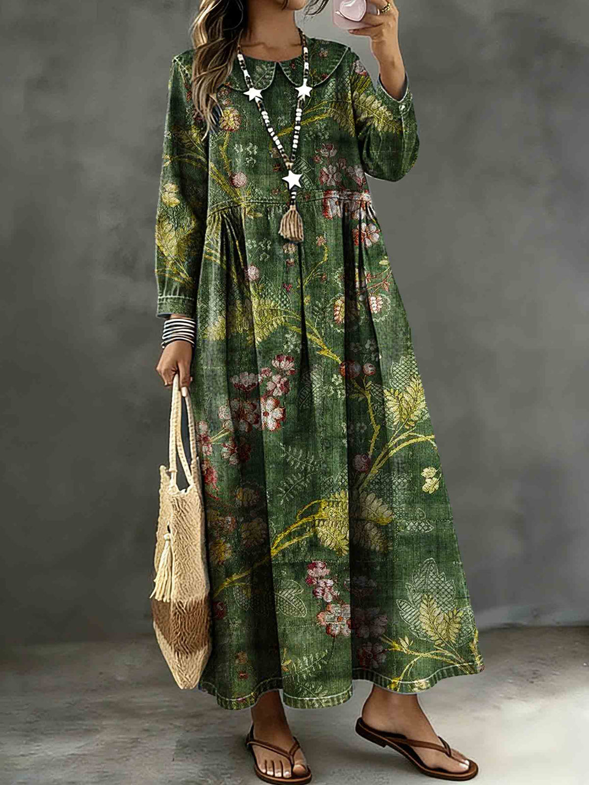 Vintage Green Floral Art Print Lapel Collar Pleated Long-Sleeve Casual Loose Denim Dress