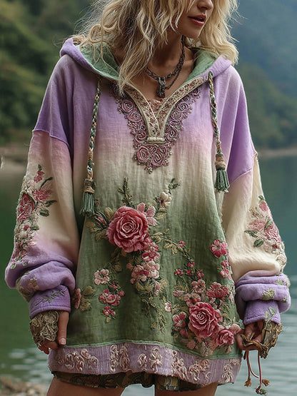 Love and Health Collection Vintage Rose and Floral Art Linen Long-Sleeve Hoodie