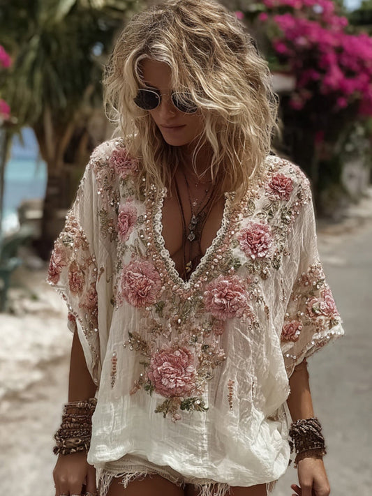 Pink Floral Embroidery Art V-Neck Comfy Shirt