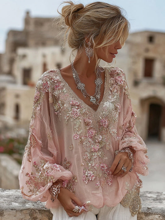 Pink Floral Embroidery Art V-Neck Long-Sleeve T-Shirt
