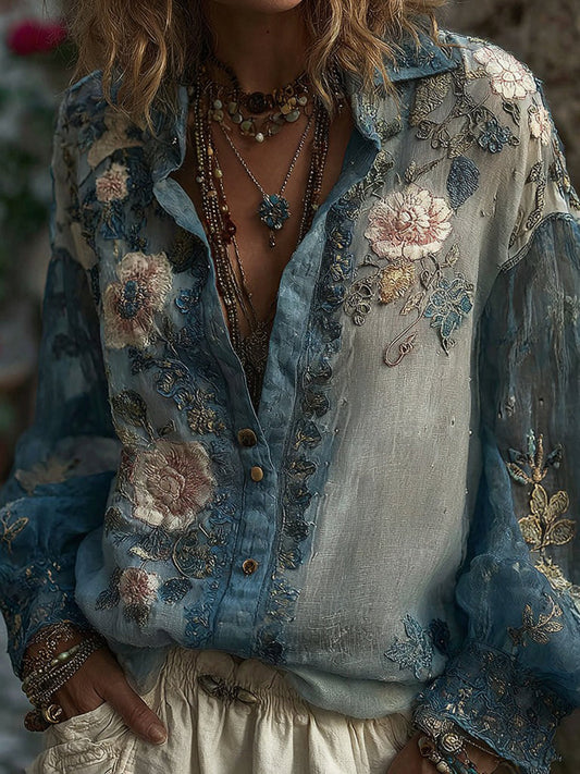 Vintage Bohemian Floral Pattern Linen Long-Sleeve Shirt