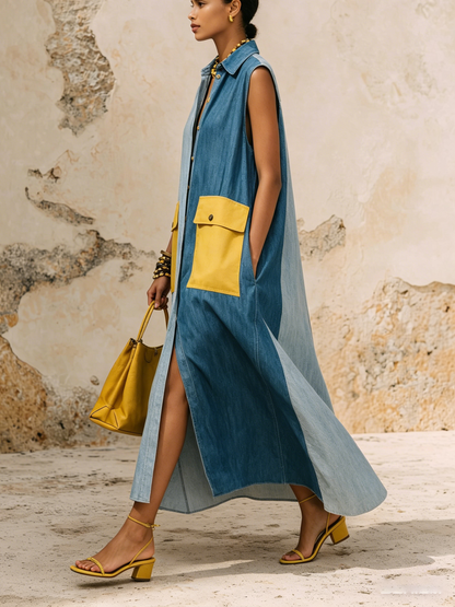 Oversized Colorblock Denim Sleeveless Maxi Shirt Dress with Statement Pockets
