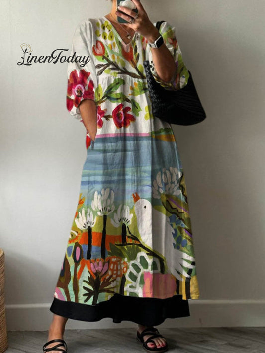 Lovely Floral Bird Art Print Pocket V-Neck Cotton Dress